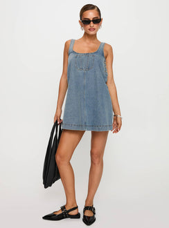 front view of model wearing Princess Polly State Of Mind Mini Dress Blue Denim Scoop Neck 