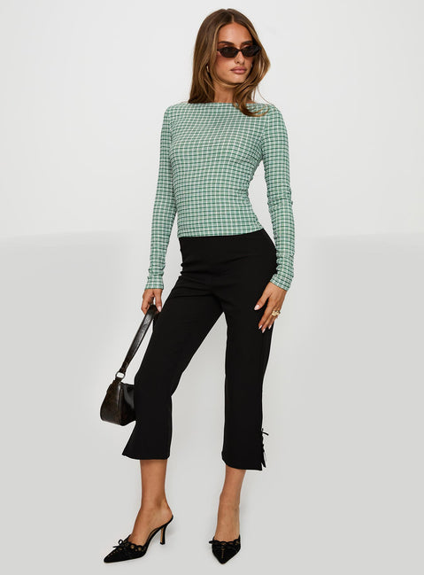 front view of model wearing Princess Polly Every Second Boat Neck Long Sleeve Top Green Check Full Sleeves Boat Neck 