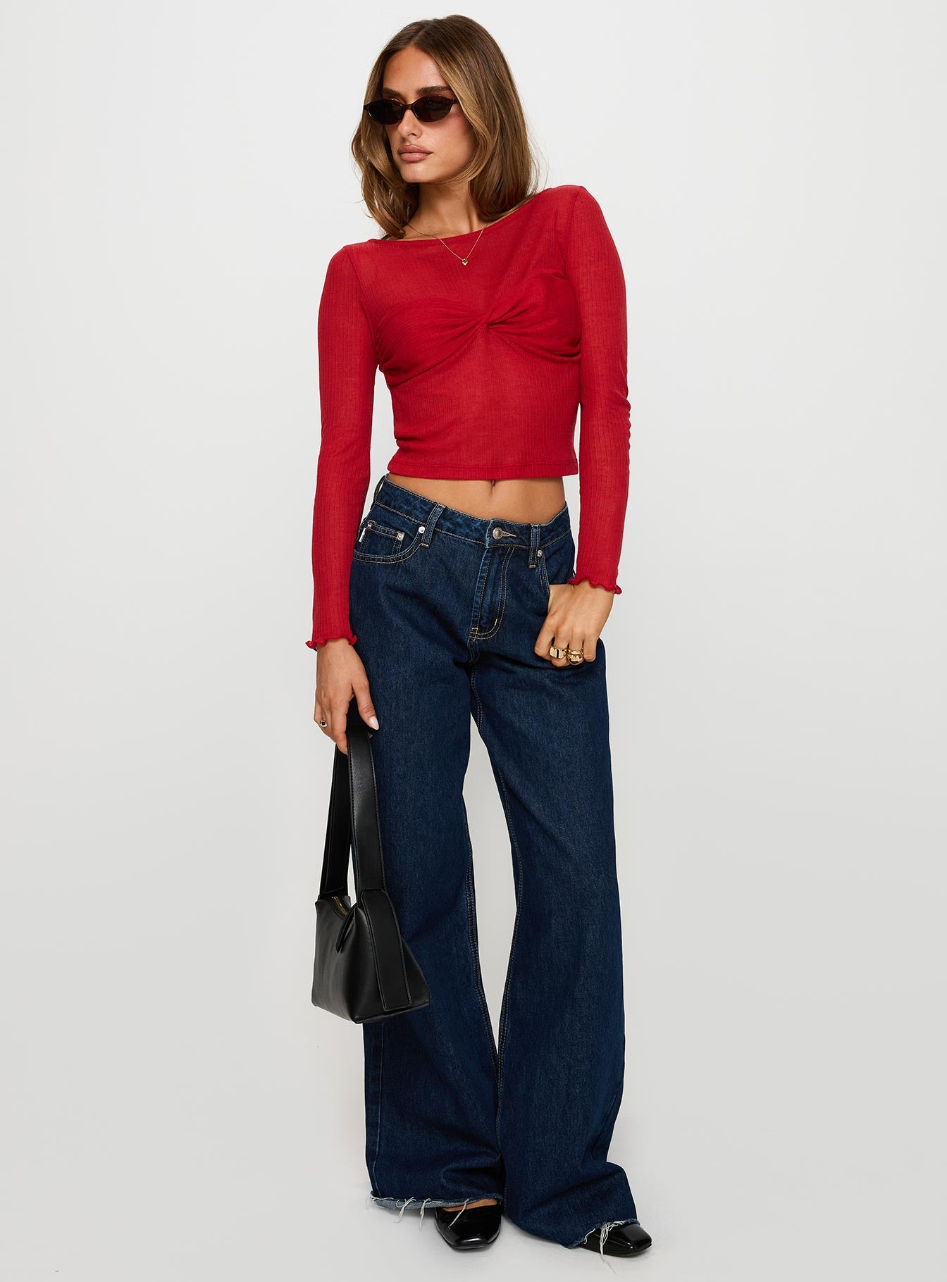 back view of model wearing Princess Polly November Long Sleeve Top Red Full Sleeves Boat Neck 