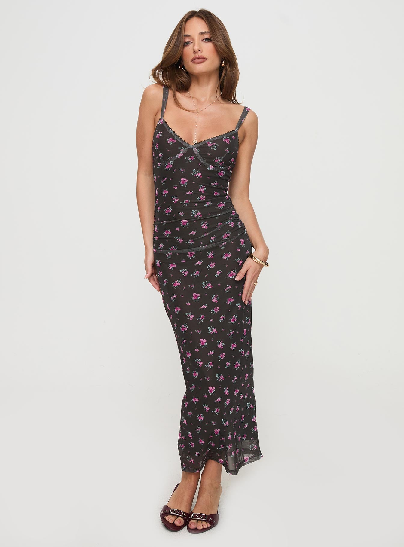 front view of model wearing Princess Polly Cotter Maxi Dress Black Floral V-Neck 