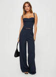 Matching pinstripe set Crop top, adjustable shoulder straps, zip fastening at back, sweetheart neckline Tailored pants, zip and clasp fastening, twin hip pockets, subtle pleats at waist