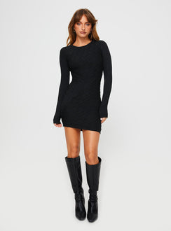 front view of model wearing Princess Polly Dakara Long Sleeve Mini Dress Black Crew Neck 