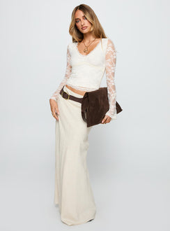 side view of model wearing Princess Polly Pitter Long Sleeve Top Cream Full Sleeves V-Neck 