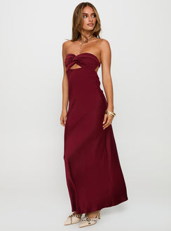 front view of model wearing Princess Polly Faviola Strapless Maxi Dress Burgundy Sweetheart Neckline 