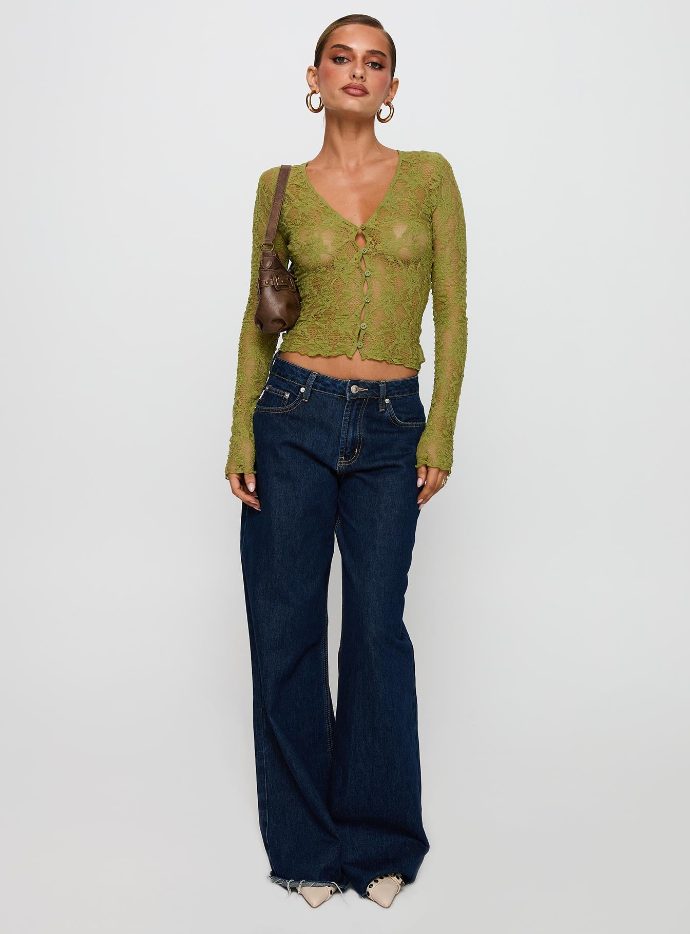 side view of model wearing Princess Polly Prized Possessions Sheer Button Up Top Green Full Sleeves Plunger 