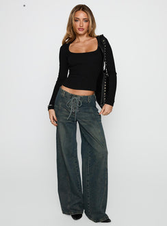 side view of model wearing Princess Polly Baseline Long Sleeve Top Black Full Sleeves Scoop Neck 