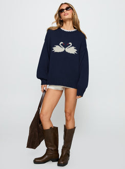 side view of model wearing Princess Polly Swan Lake Love Knit Sweater Navy Longline Jumpers 