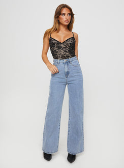 side view of model wearing Princess Polly Intimacy Lace Bodysuit Black Sleeveless 