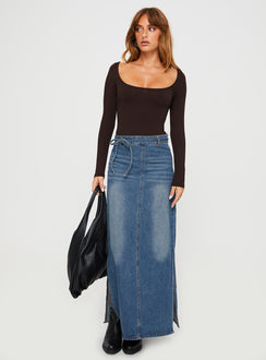 front view of model wearing Princess Polly Ellery Bodysuit Brown Tall Full Sleeves 