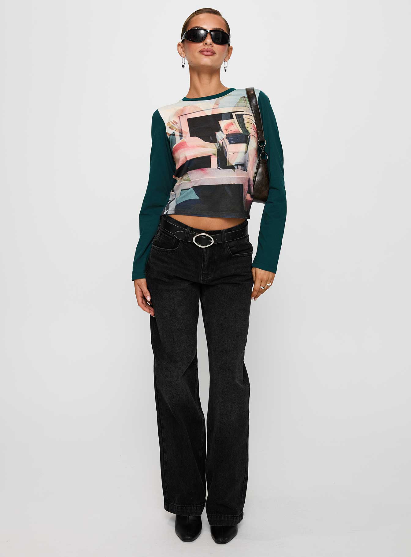 front view of model wearing Princess Polly Anelli Low Rise Straight Leg Jeans Washed Black Low Rise Jeans 