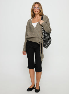 front view of model wearing Princess Polly Daelan Wrap Knit Cardigan Brown Cropped Jumpers 