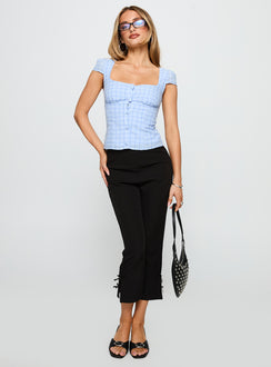 front view of model wearing Princess Polly Getting Close Button Up Top Blue Check Short Sleeves Sweetheart 