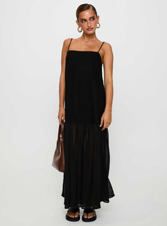 side view of model wearing Princess Polly Iskra Drop Waist Maxi Dress Black Square Neck 
