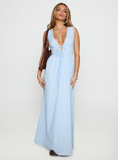 front view of model wearing Princess Polly Pokey Maxi Dress Blue Check Plunger 