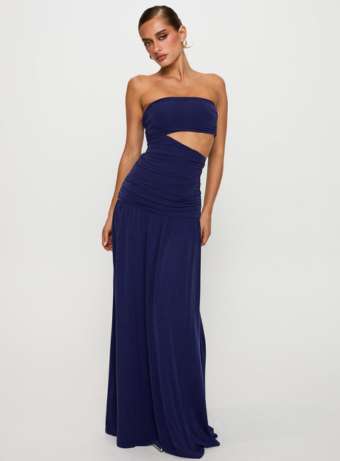 side view of model wearing Princess Polly Grandeur Strapless Maxi Dress Navy Straight Neck 