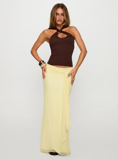 side view of model wearing Princess Polly Quell Top Chocolate Sleeveless Asymmetric Neckline 