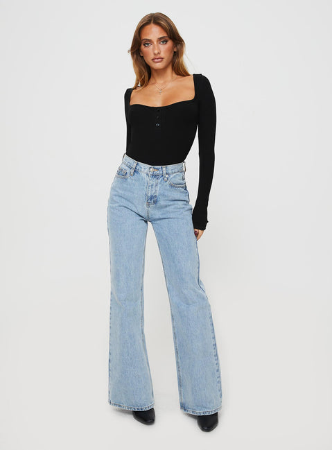 front view of model wearing Princess Polly Ballard Long Sleeve Bodysuit Black Full Sleeves Square Neck 