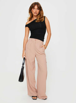 front view of model wearing Princess Polly Wallom Cargo Pants Beige High Waisted Pants 