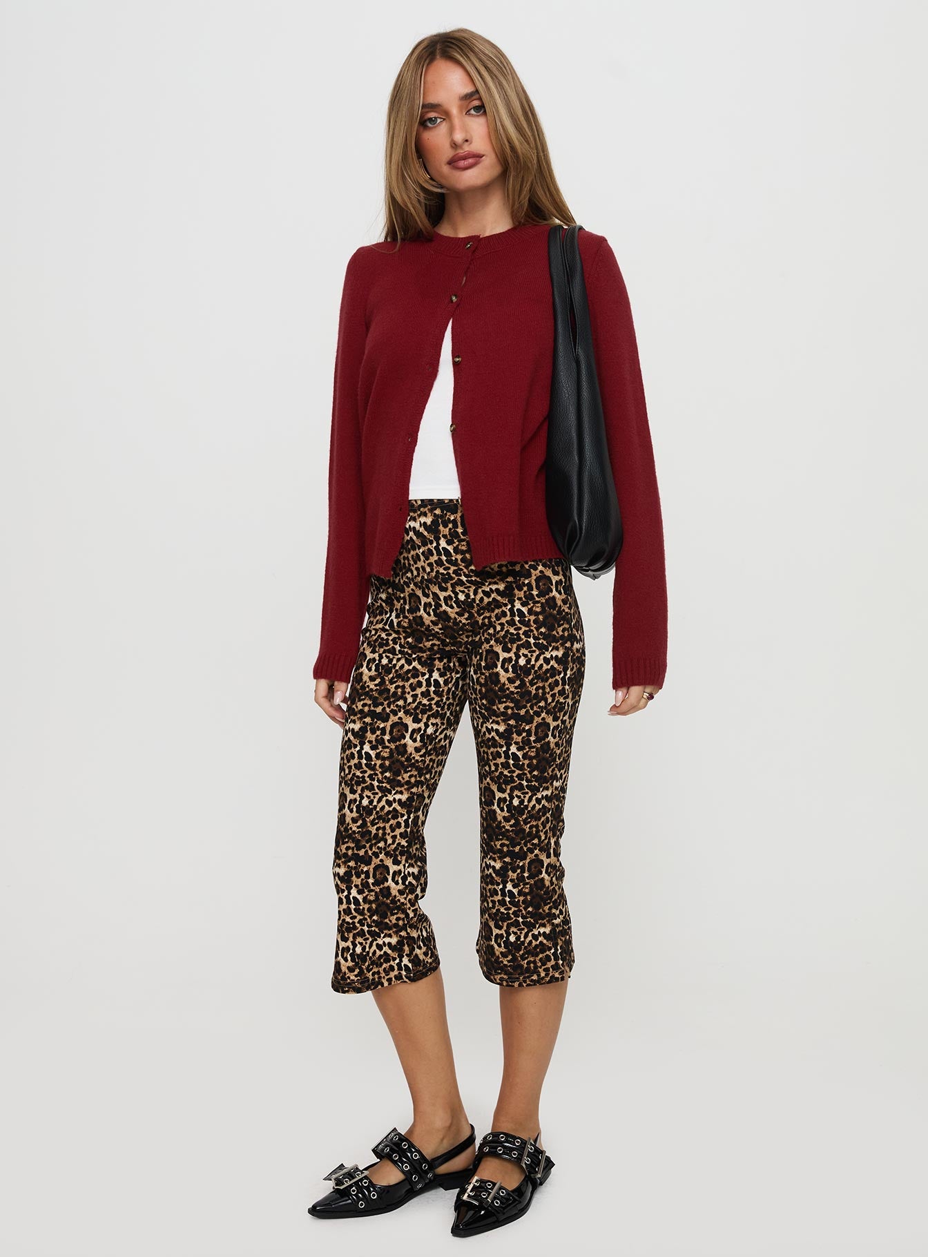 back view of model wearing Princess Polly Arica Button Up Knit Cardigan Red Long 