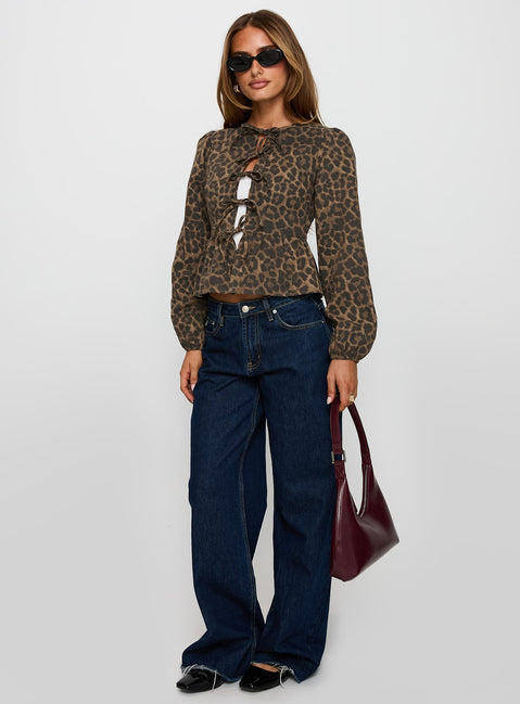 front view of model wearing Princess Polly Recognize Tie Detail Long Sleeve Top Leopard Full Sleeves Crew Neck 