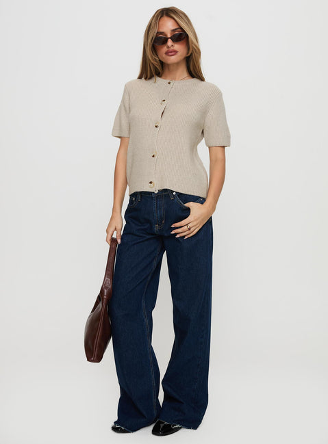 front view of model wearing Princess Polly Wait A Lifetime Short Sleeve Cardigan Beige Cropped 