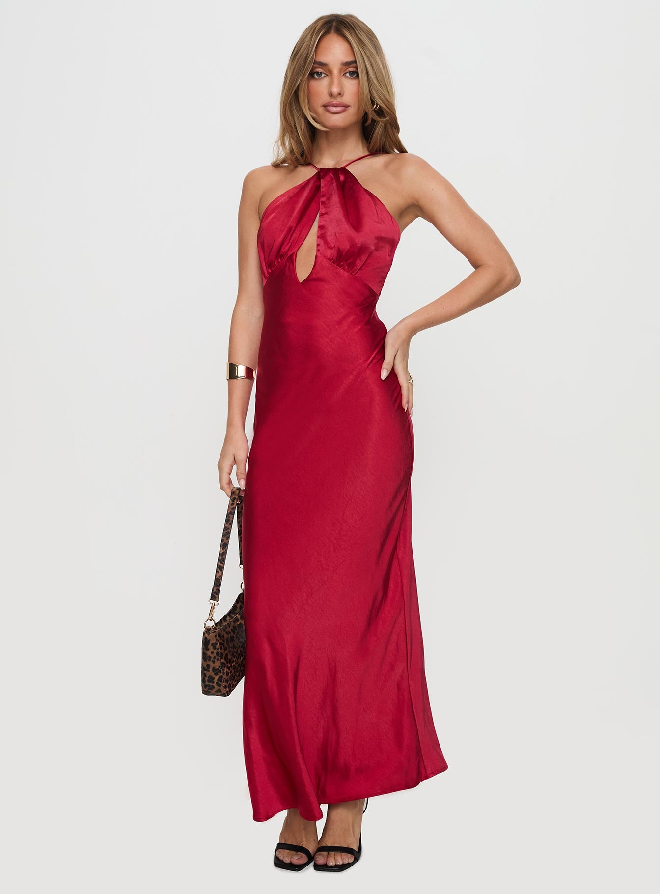 front view of model wearing Princess Polly Saja Cut Out Maxi Dress Red V-Neck 