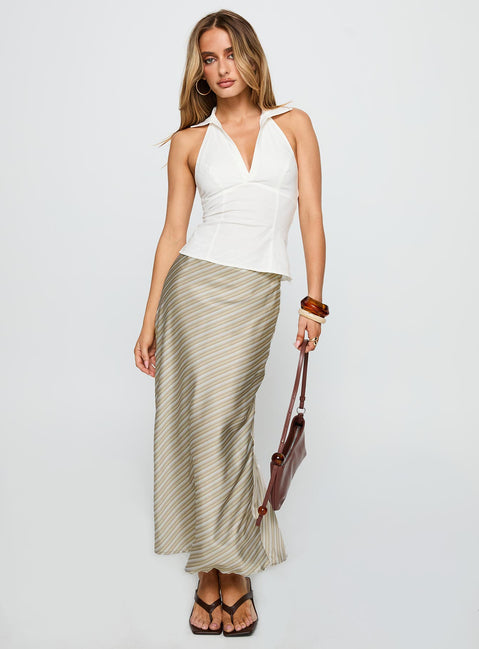   side view of model wearing Princess Polly Mixed Signals Midi Skirt Brown Stripe Midi Skirts 