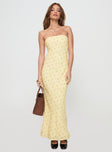 front view of model wearing Princess Polly Brydie Strapless Maxi Dress Yellow Floral Straight Neck 