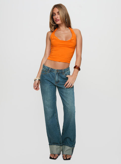 front view of model wearing Princess Polly Toros Mid Rise Wide Leg Foldover Denim Jeans Mid Blue Low Rise Jeans 