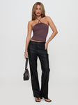 front view of model wearing Princess Polly Final Tango Halter Top Plum Sleeveless V-Neck 