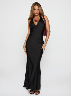 front view of model wearing Princess Polly Gloriana Halter Maxi Dress Black Plunger 