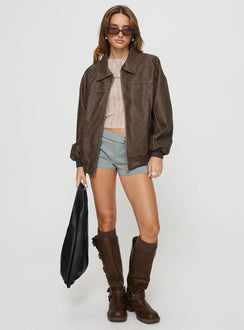 Faux leather bomber jacket  Classic collar, ribbed waistband and cuffs, zip front fastening, twin hip pockets  Non-stretch, fully lined 