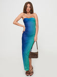 side view of model wearing Princess Polly Rosalina Maxi Dress Blue Sweetheart Neckline 