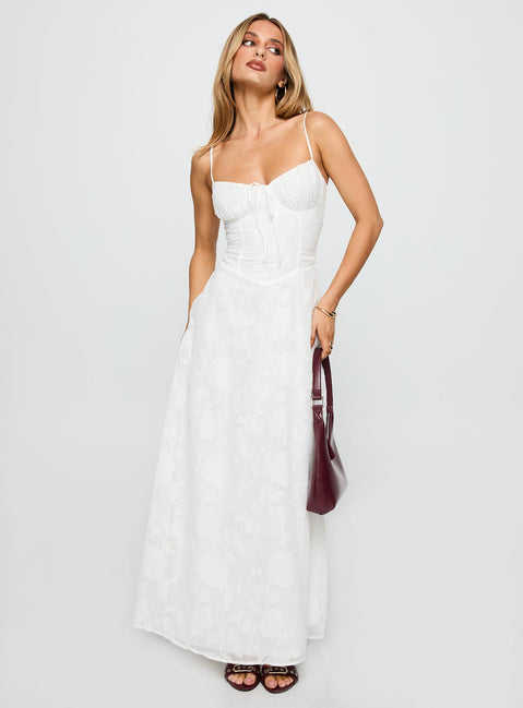 front view of model wearing Princess Polly Kosetta Burnout Maxi Dress White Sweetheart Neckline 
