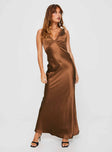 front view of model wearing Princess Polly Galloway Maxi Dress Brown Plunger 