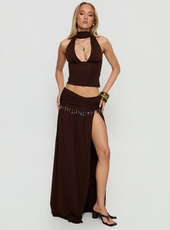   front view of model wearing Princess Polly Spirita Beaded Sarong Maxi Skirt Brown Maxi Skirts 