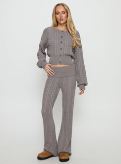 front view of model wearing Princess Polly Baleigh Cable Knit Foldover Pants Grey Mid Rise Pants 