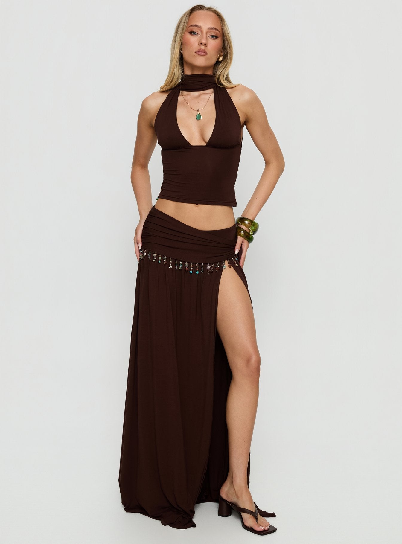 Spirita Beaded Halter Top Brown