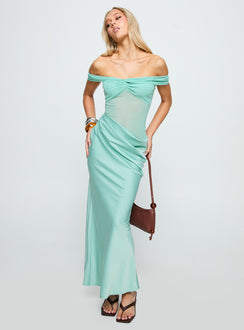 front view of model wearing Princess Polly Only Exception Off The Shoulder Maxi Dress Aqua Straight Neck 