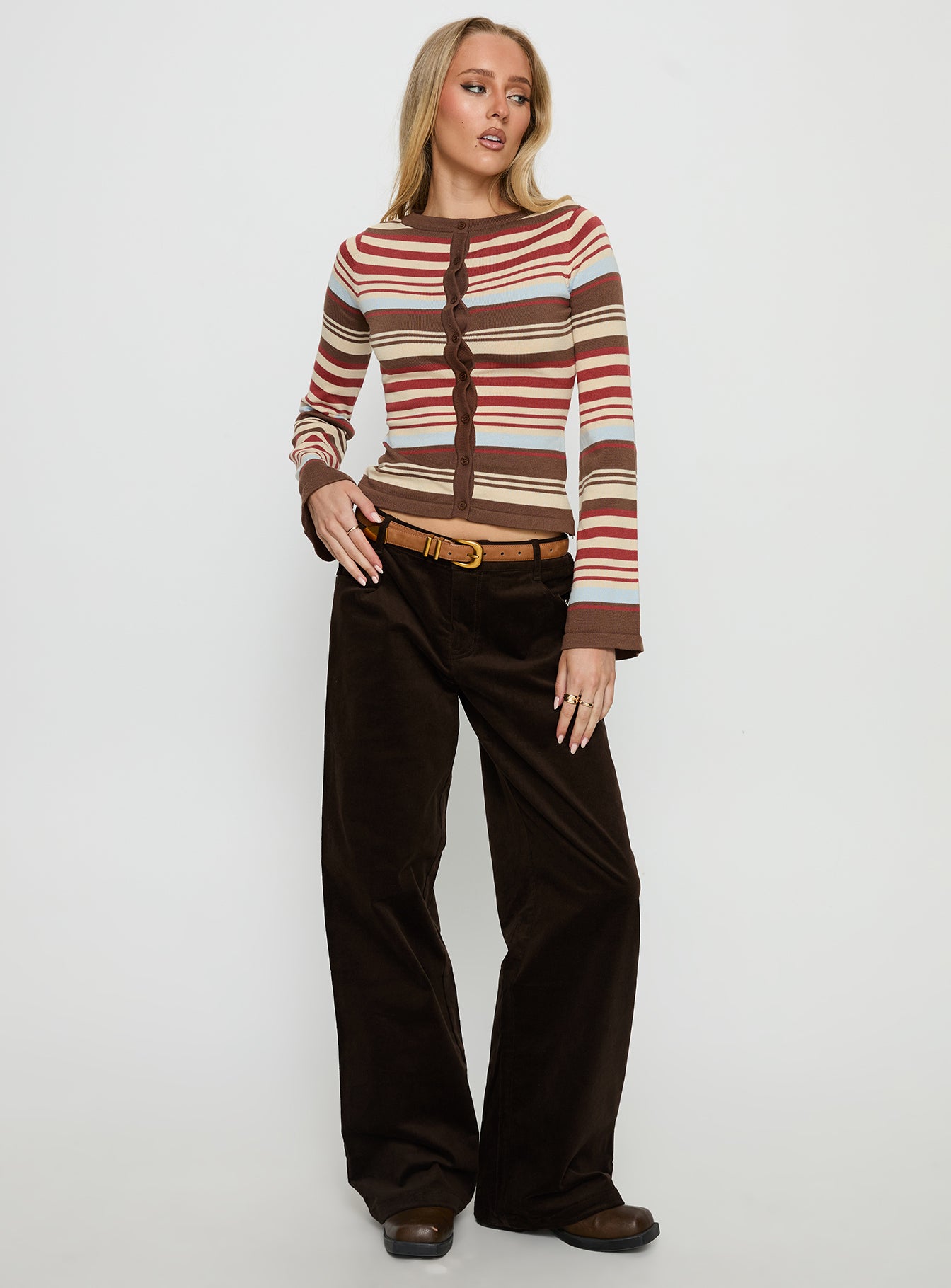 front view of model wearing Princess Polly Kenza Wide Leg Corduroy Pant Brown Mid Rise Pants 