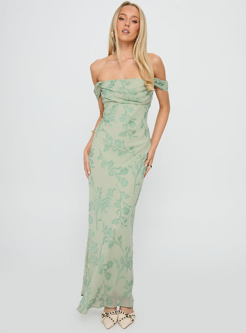 Azura Off The Shoulder Maxi Dress Green Burnout