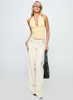 back view of model wearing Princess Polly Averin Shirred Halter Top Lemon Stripe Sleeveless Plunger 