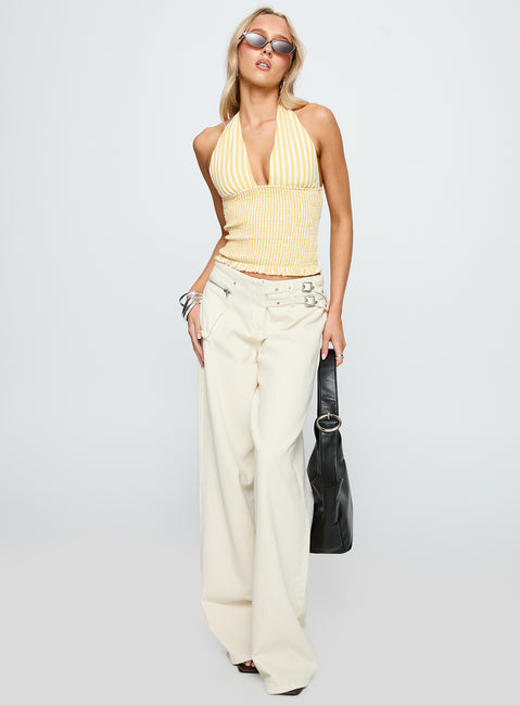 back view of model wearing Princess Polly Averin Shirred Halter Top Lemon Stripe Sleeveless Plunger 