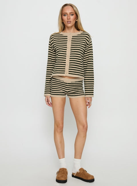 side view of model wearing Princess Polly Kollens Knit Cardigan Beige Multi Cropped Jumpers 