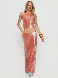   front view of model wearing Princess Polly Emalia Sheer Sequin Maxi Skirt Orange Maxi Skirts 