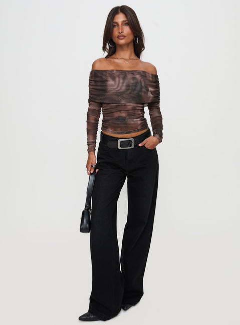 front view of model wearing Princess Polly Good Taste Off Shoulder Long Sleeve Top Multi Full Sleeves straight 