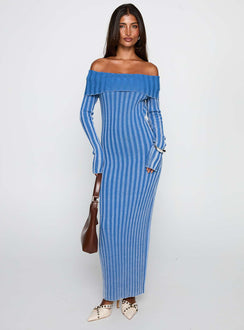 front view of model wearing Princess Polly Mariska Long Sleeve Rib Maxi Dress Blue Straight Neck 
