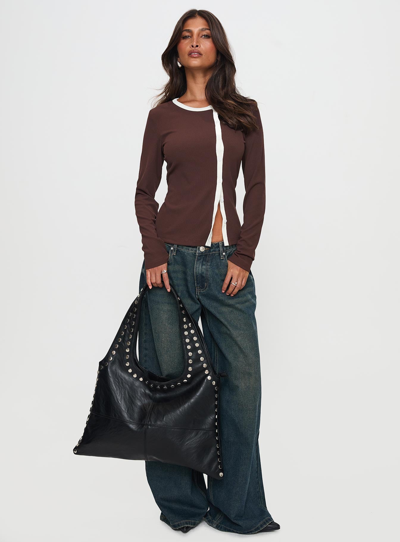 front view of model wearing Princess Polly Phaidra Button Up Long Sleeve Top Brown Full Sleeves Scoop Neck 