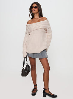 front view of model wearing Princess Polly Mirrelle Off Shoulder Knit Sweater Beige Long 