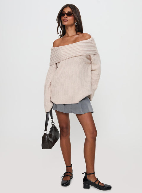 front view of model wearing Princess Polly Mirrelle Off Shoulder Knit Sweater Beige Long 